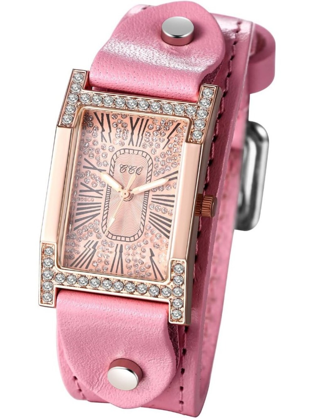 Women's Pink Vintage Square Leather Iced-Out Quartz Analog Classic Wrist Watch